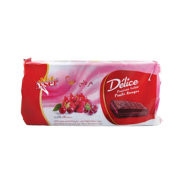 Isser Délice Génoises Fourrée à la crème de lait Gelée Fruits des Bois enrobée au cacao (10 pièces) 370g