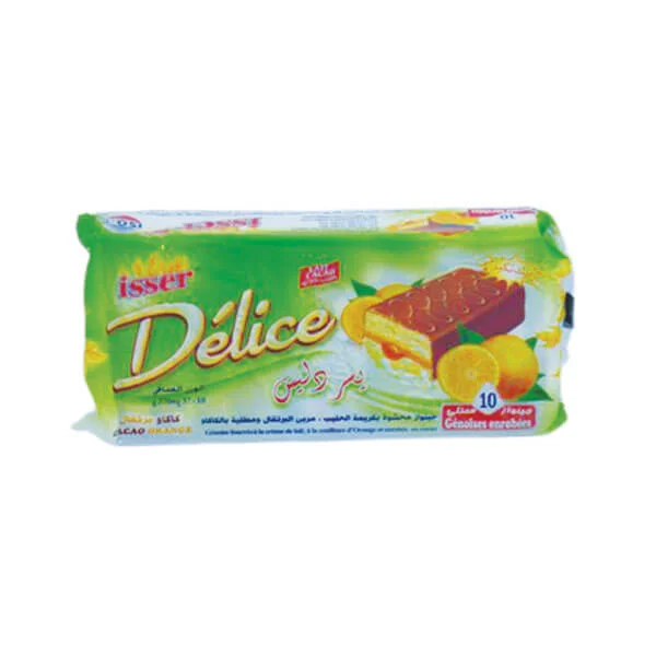 Isser Délice (génoise fourrée a la crème de lait, a la confiture d'orange et enrobé au cacao) 10 pièces 370g